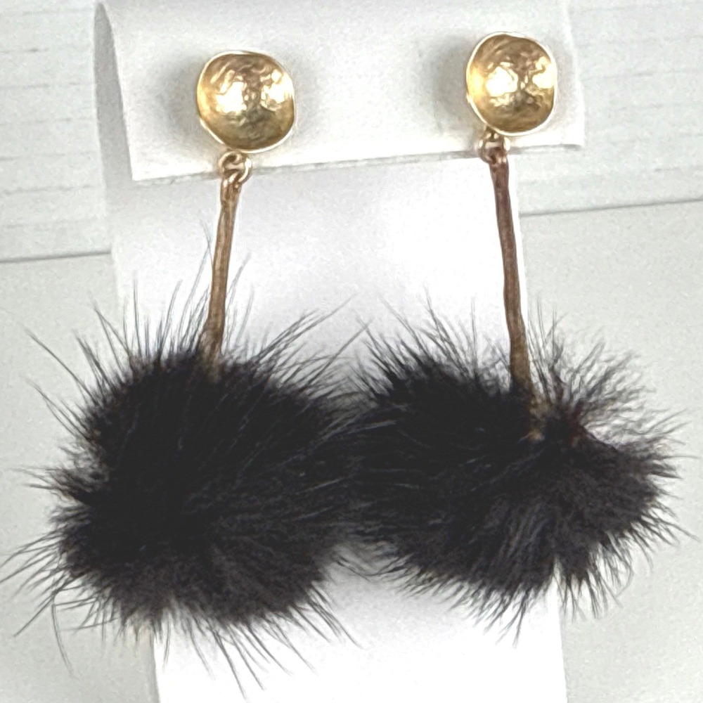 Faux Mink Fur‎ Earrings Black Pom Poms Gold Plated 925 Silver Hammered Dangles